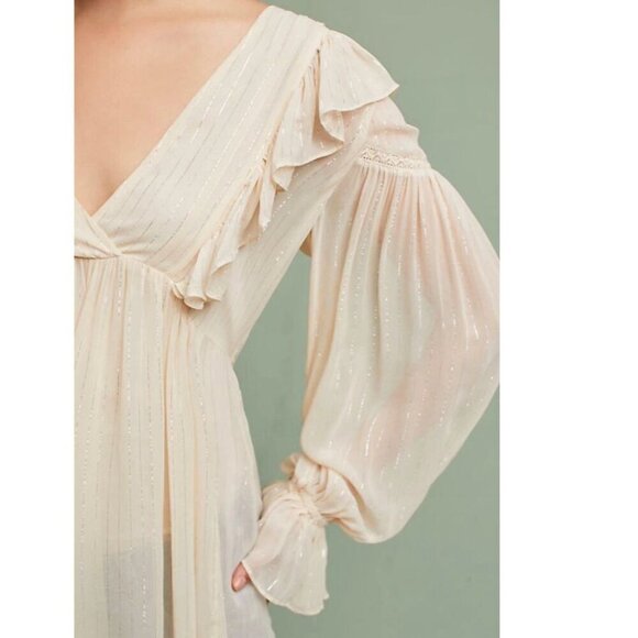 Anthropologie Ruffle Tunic Top Womens Ivory VNeck Long Sleeve Fairycore Metallic - Picture 11 of 12